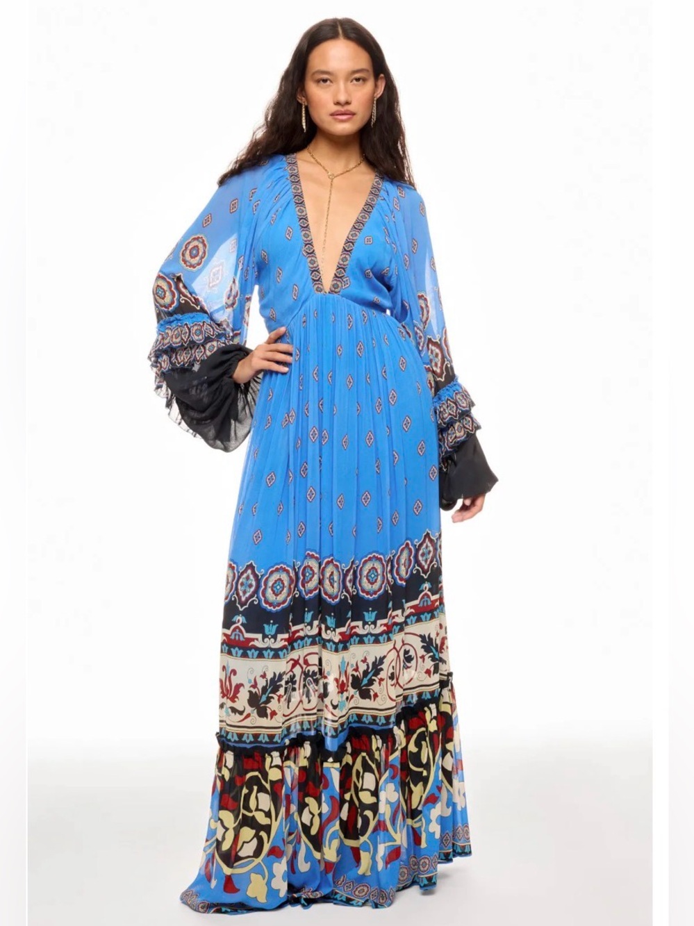 FARM Rio Ainika Tiles Maxi Dress Blue Long Sleeve V Neck‎ Tiered Flowy